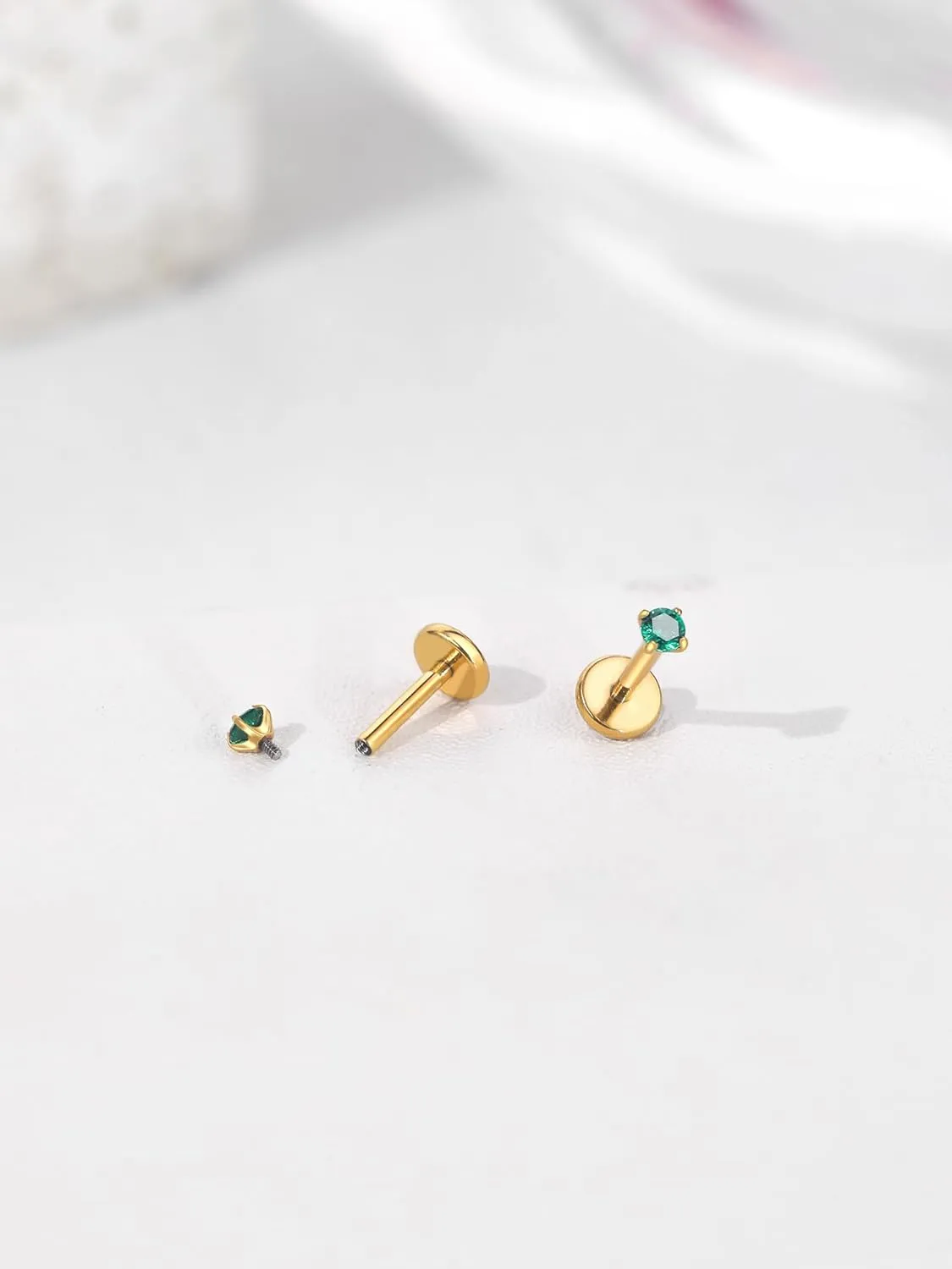 Oveta Titanium Flat Back Studs Earrings for Tragus Cartilage Piercing Jewelry Internally Threaded Nose Rings Studs 18G 16G, Silver/Gold, 2PCS