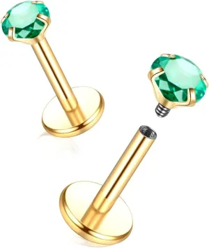 Oveta Titanium Flat Back Studs Earrings for Tragus Cartilage Piercing Jewelry Internally Threaded Nose Rings Studs 18G 16G, Silver/Gold, 2PCS