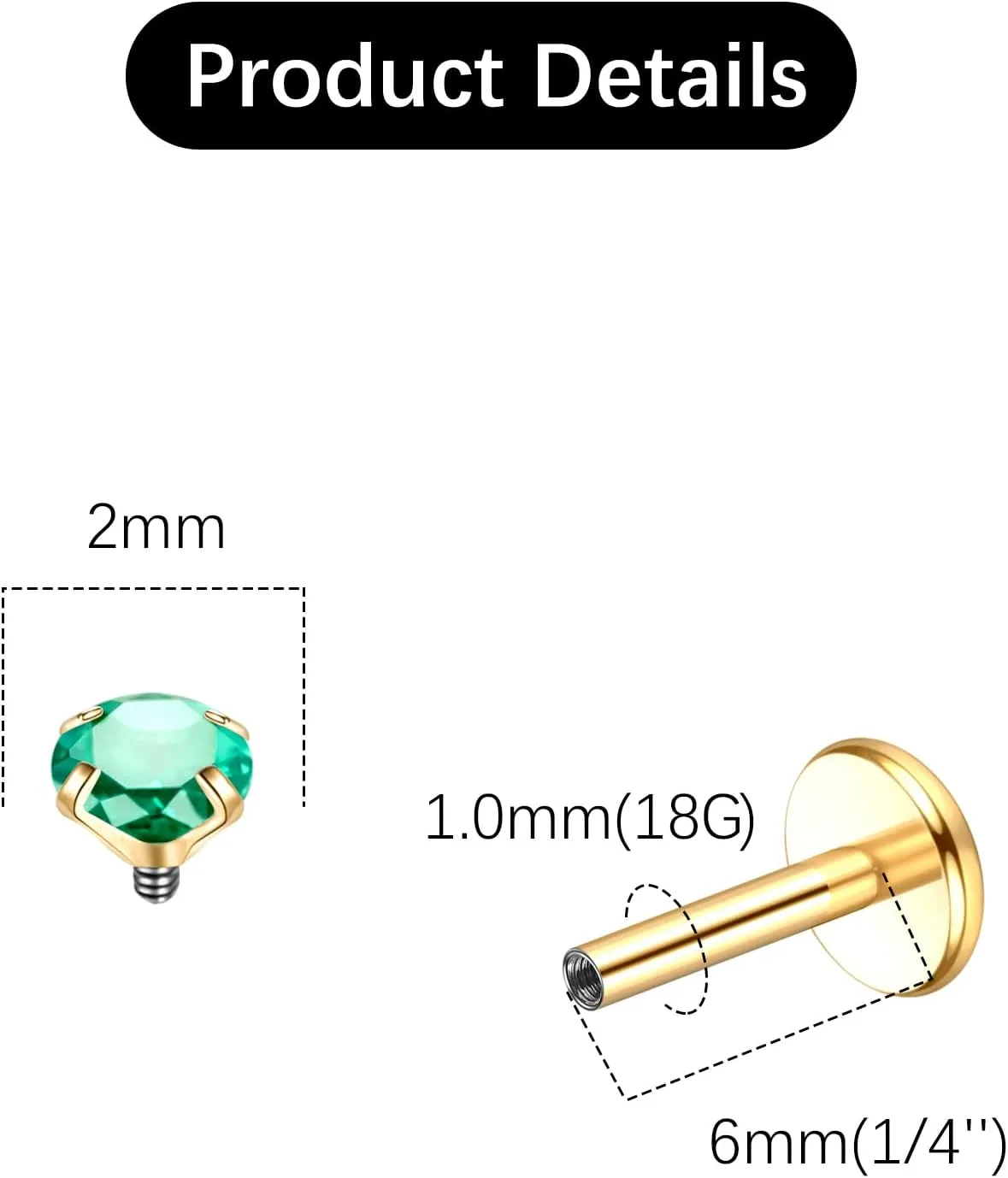 Oveta Titanium Flat Back Studs Earrings for Tragus Cartilage Piercing Jewelry Internally Threaded Nose Rings Studs 18G 16G, Silver/Gold, 2PCS