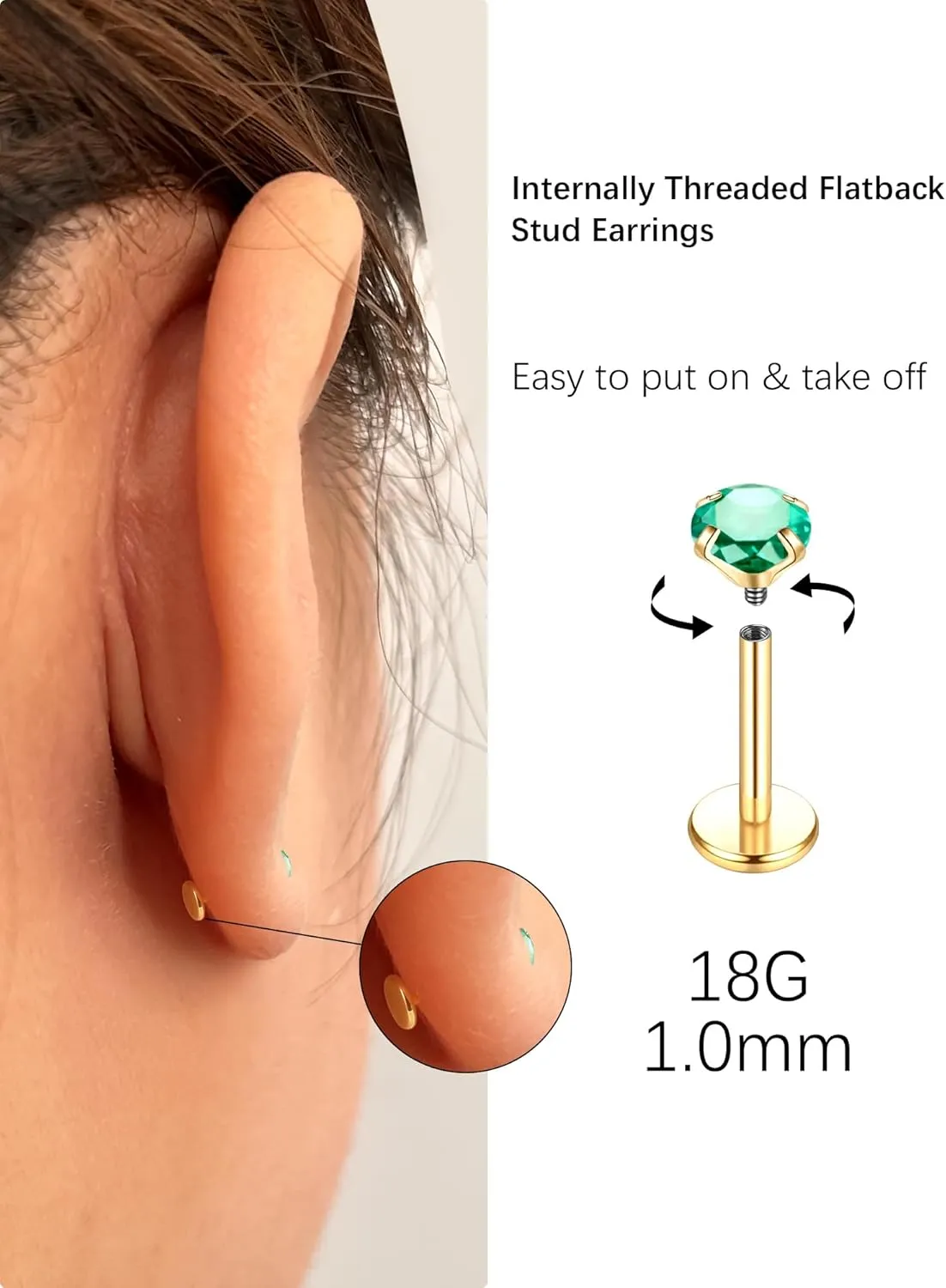 Oveta Titanium Flat Back Studs Earrings for Tragus Cartilage Piercing Jewelry Internally Threaded Nose Rings Studs 18G 16G, Silver/Gold, 2PCS