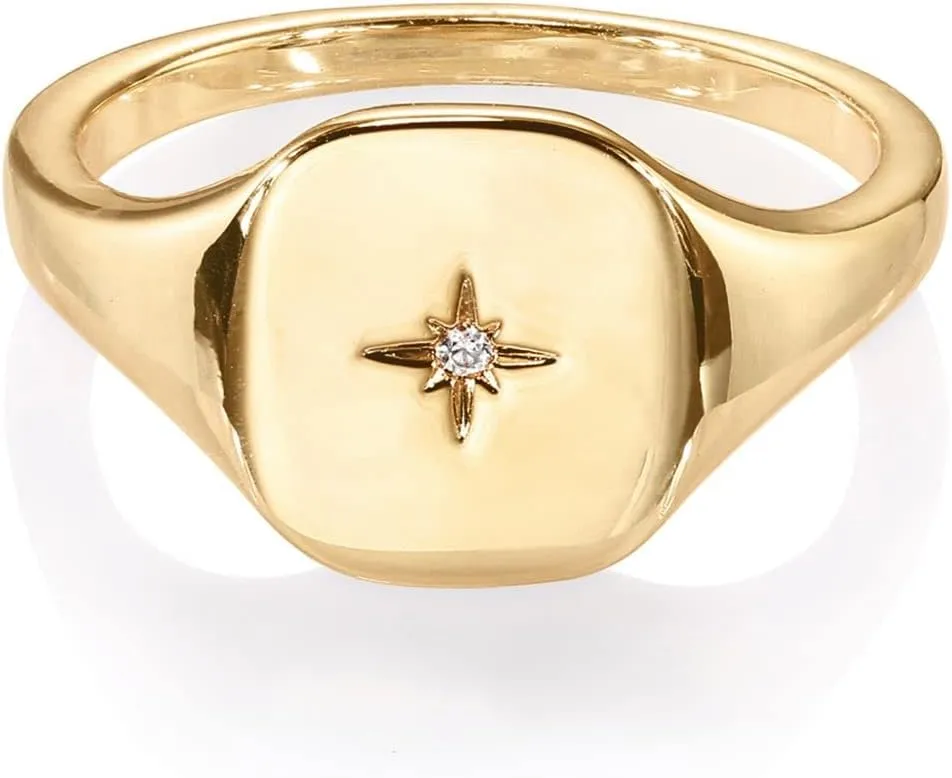 PAVOI 14K Gold Plated Engraved Signet Ring with North Star | Lightweight Thick Statement Rings for Women | Everyday Jewelry