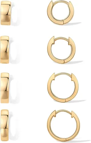PAVOI 18K Gold Plated Sterling Silver Posts Small Hoop Earrings for Women - Trendy Geometric Plain Chunky Huggie Earscape Piercing Pack - Everyday Gold Hoop Earrings Set