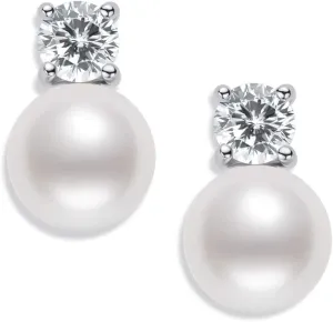 Pearl Stud Earrings for Women June Birthstone Freshwater Cultured/Shell White Pearl Drop Silver Earrings with Cubic Zirconia Wedding Jewelry Gifts for Bride