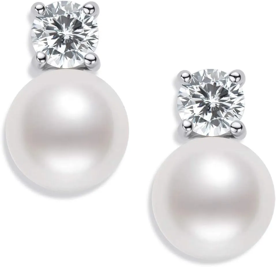 Pearl Stud Earrings for Women June Birthstone Freshwater Cultured/Shell White Pearl Drop Silver Earrings with Cubic Zirconia Wedding Jewelry Gifts for Bride