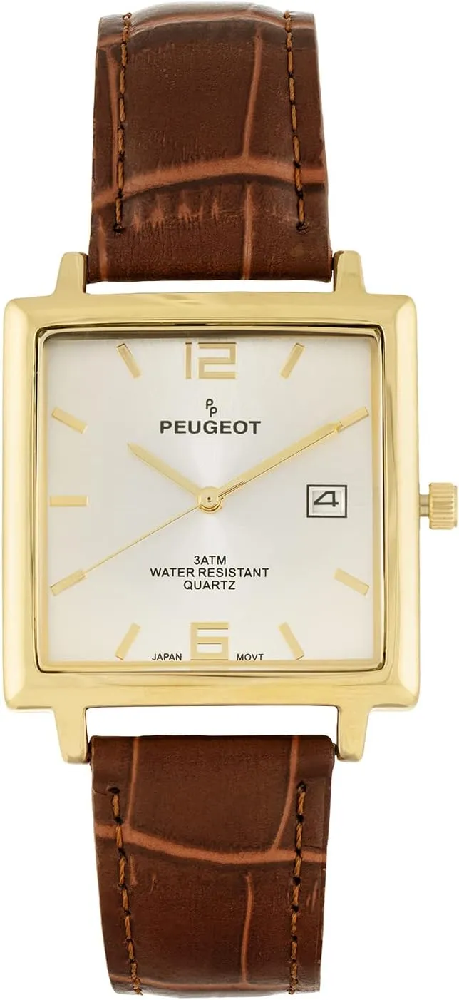 Peugeot Mens Modern Square Casual Quartz Wrist Watch with Gold Plated Case and Genuine Leather Strap