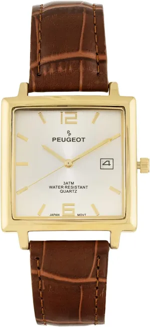 Peugeot Mens Modern Square Casual Quartz Wrist Watch with Gold Plated Case and Genuine Leather Strap