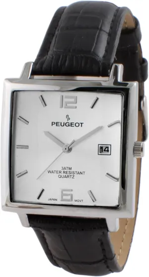 Peugeot Men's Modern Square Casual Quartz Wrist Watch with Metal Case and Leather Strap