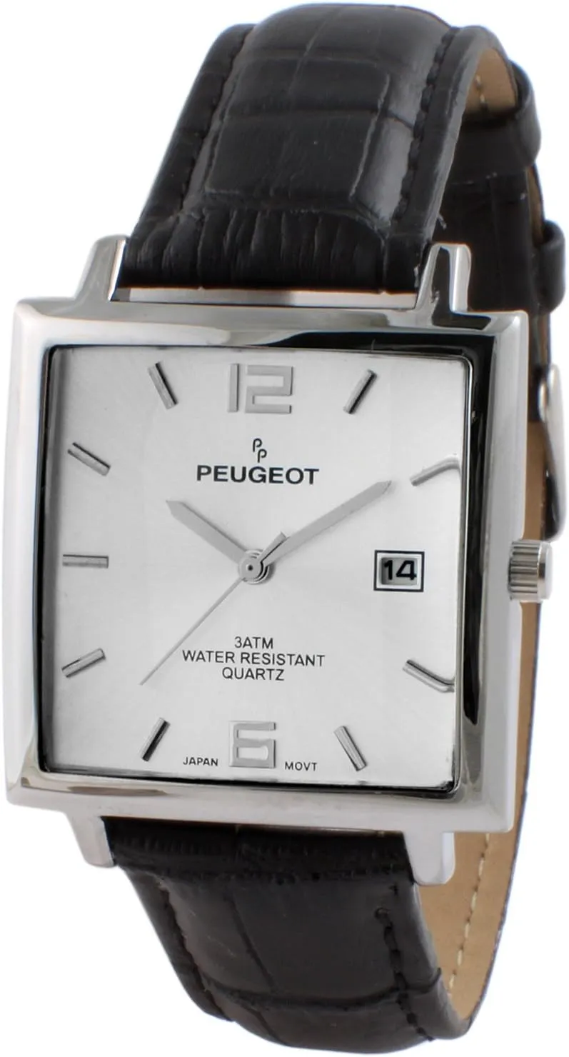 Peugeot Men's Modern Square Casual Quartz Wrist Watch with Metal Case and Leather Strap