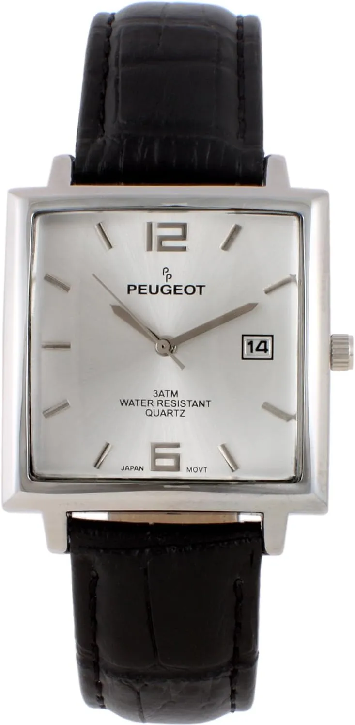 Peugeot Men's Modern Square Casual Quartz Wrist Watch with Metal Case and Leather Strap