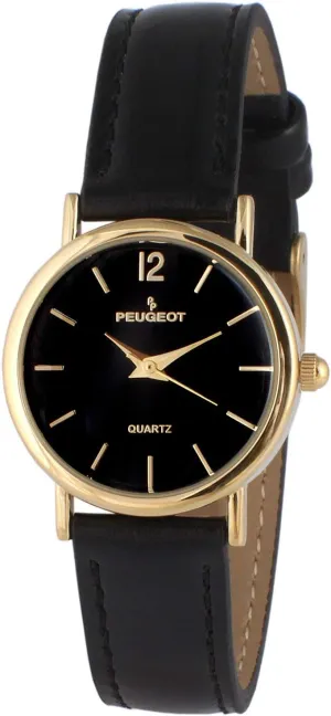 Peugeot Women Classic Everyday Watch - 14K Plated Round Case with Leather Band