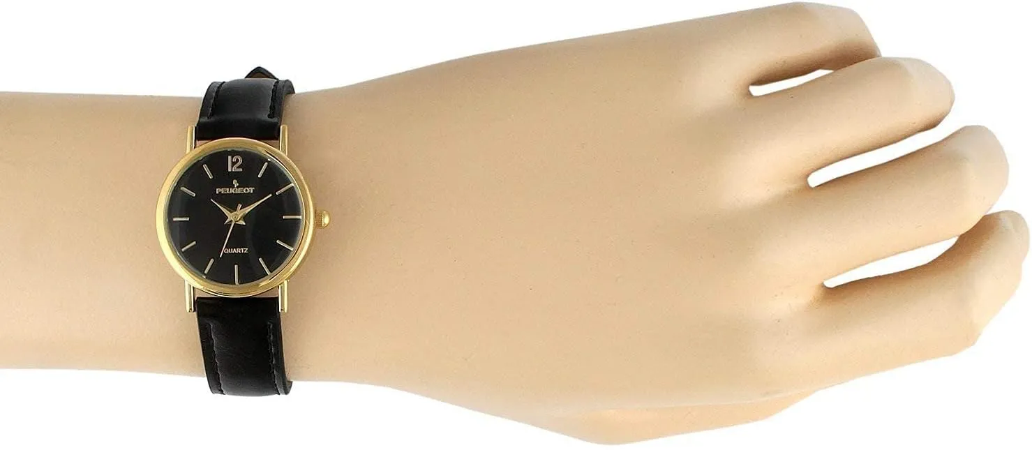Peugeot Women Classic Everyday Watch - 14K Plated Round Case with Leather Band