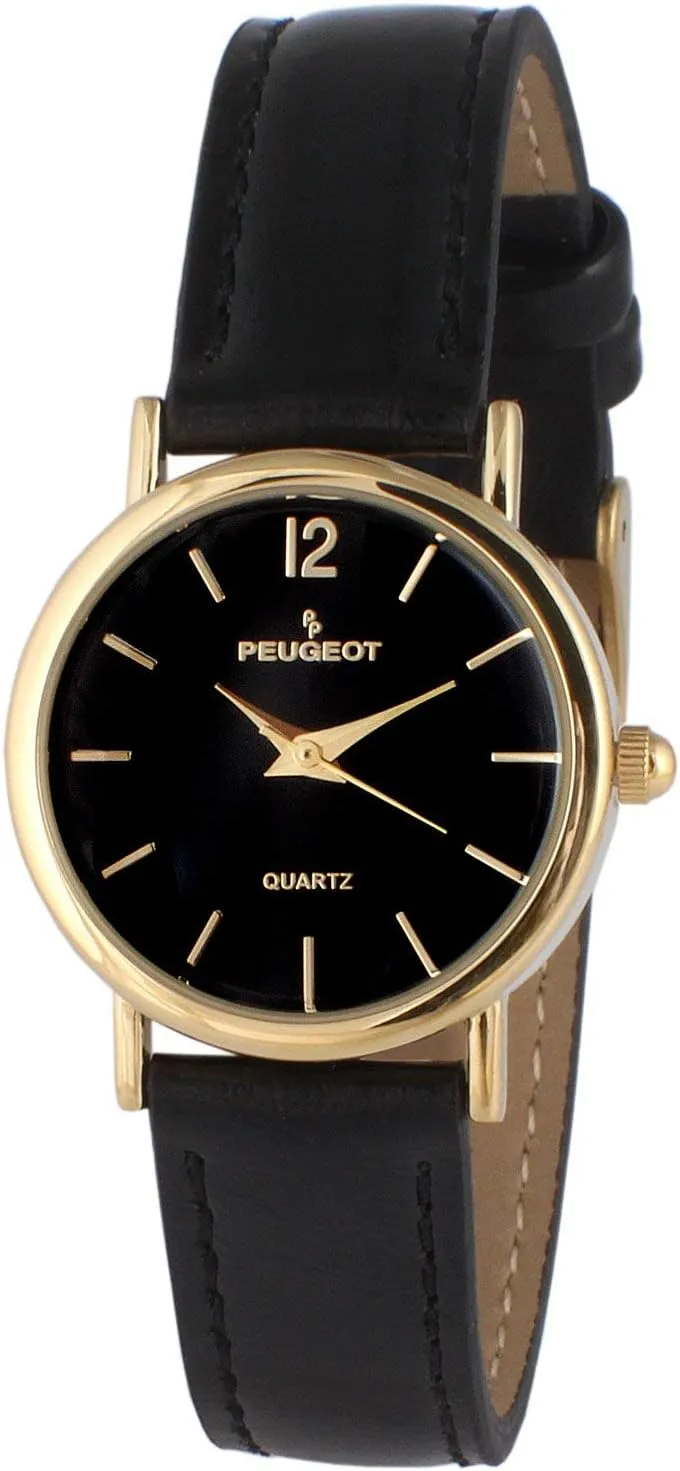 Peugeot Women Classic Everyday Watch - 14K Plated Round Case with Leather Band