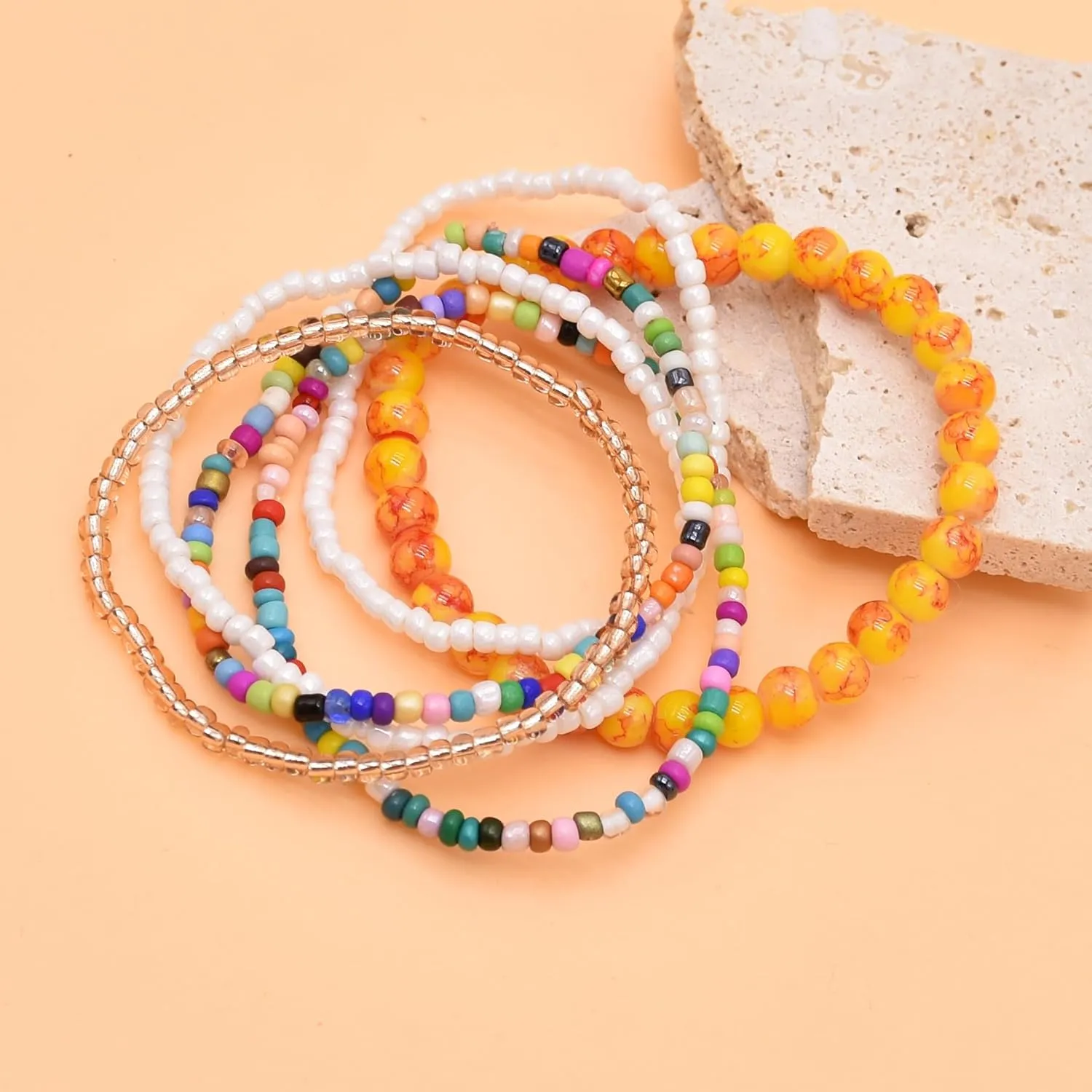 Pingyongchang Bohemian Stackable Bead Stretch Bracelets for Women Handmade Stretch Bohemian Style Stretch Multilayered Boho Elastic Bracelet Set Colorful Beads Beach Wristbands Holiday Jewelry Gift