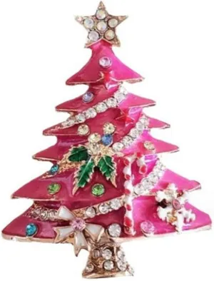 Pink Christmas Tree Rhinestone Brooch, Vintage Colored Christmas Tree Brooch Hat Pin Rhinestone Christmas Enamel Pin Sparkling Christmas Jewelry Pins for Women