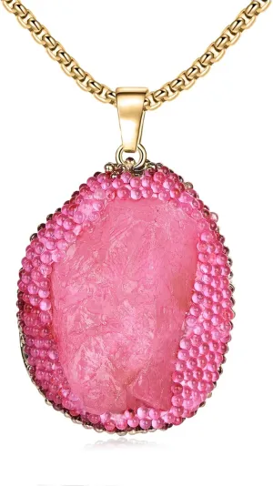 Pink Pendant Necklace Pink Faux Drusy Stone Necklace Pink Gemstone for Girl Wedding Gifts for Anniversary Day Mother's Day Valentines Day Birthday
