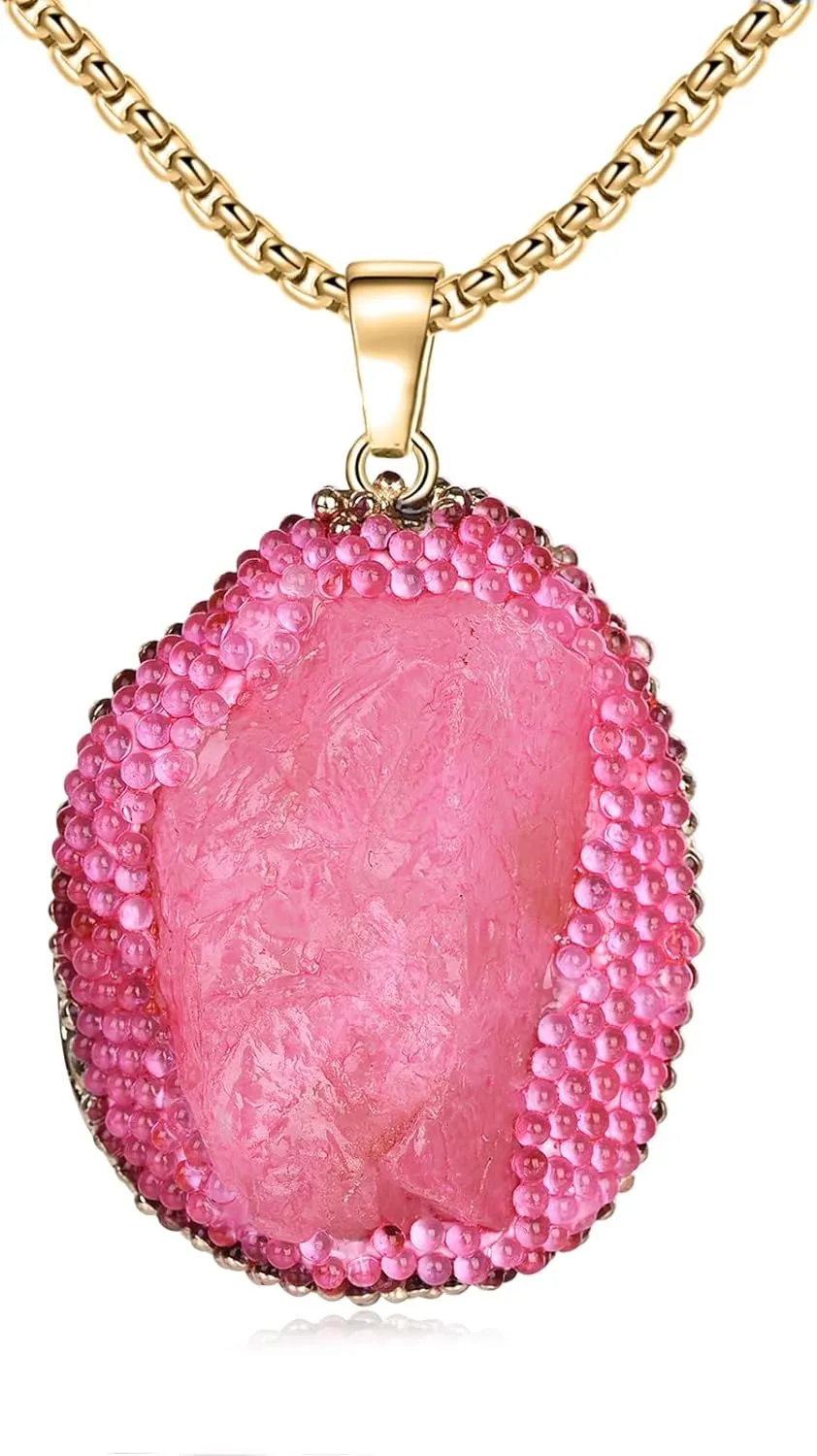 Pink Pendant Necklace Pink Faux Drusy Stone Necklace Pink Gemstone for Girl Wedding Gifts for Anniversary Day Mother's Day Valentines Day Birthday