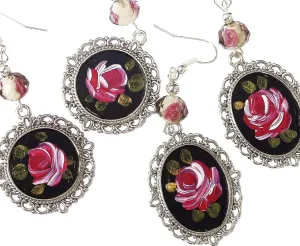 Pretty Lightweight Vintage Style Sterling Silver Plated Oval or Round Pendant Earrings with Hand Painted Pink Roses Faceted Glass Beads Boho Romantic Victorian Jewelry for Women