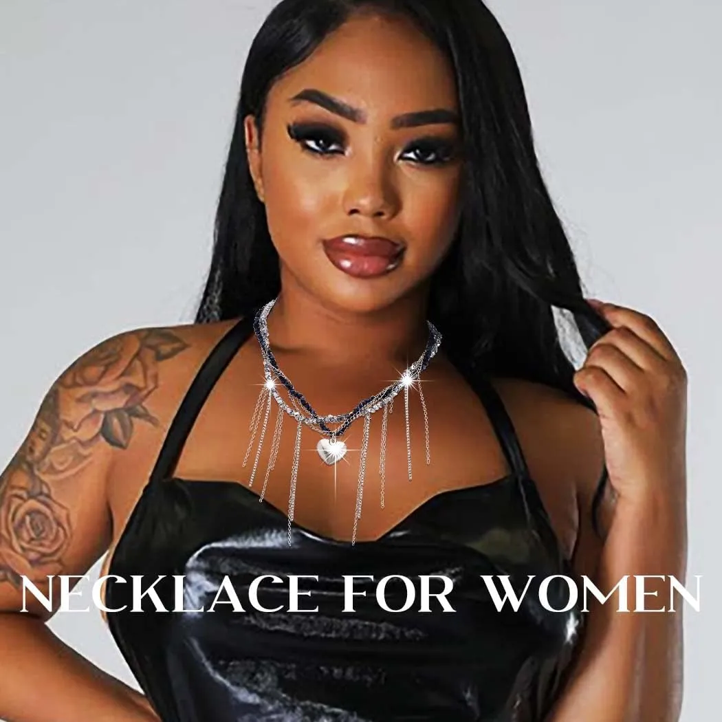Punk Choker Necklace for Women Silver Star Chain Choker Heart Y2K Grunge Necklaces Goth Rivet Layered Choker Rhinestone Jewelry Gifts