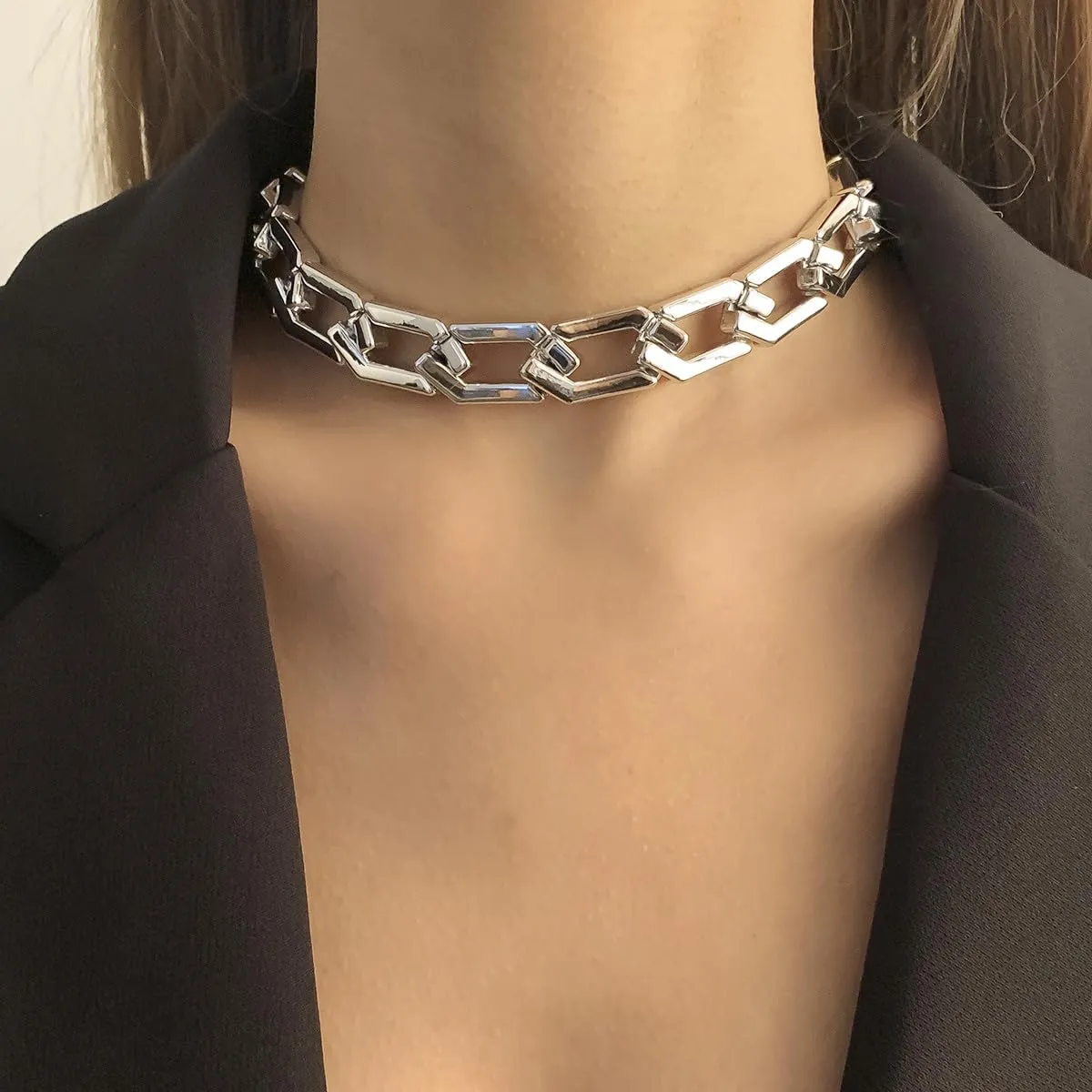 Punk Chunky Chain Choker Necklace for Women Hip Hop Thick Acrylic Clavicle Chain Necklace Wide Gold Silver Chain Choker Exaggeration Jewelry for Men