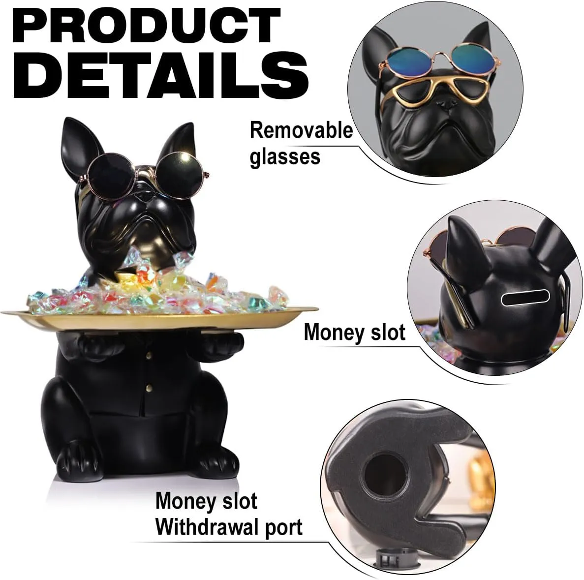 QIANLING Modern Decor Resin Bulldog Tray Statue Piggy Bank Tray Storage Entrance Key Holder Candy Jewelry Earrings Tray Suitable for Home Decor Modern Art Dining Table Decor Office Small Object Tray