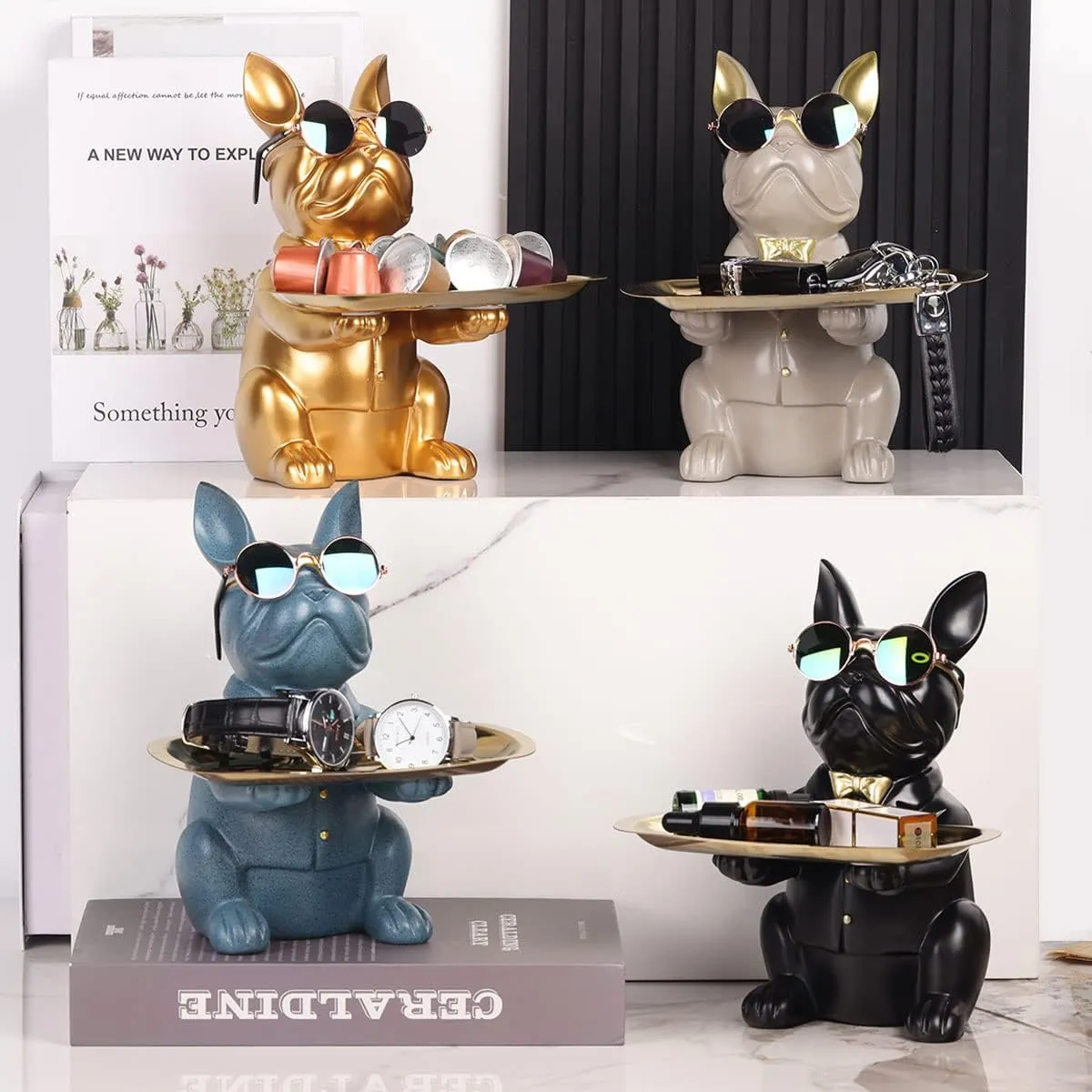 QIANLING Modern Decor Resin Bulldog Tray Statue Piggy Bank Tray Storage Entrance Key Holder Candy Jewelry Earrings Tray Suitable for Home Decor Modern Art Dining Table Decor Office Small Object Tray