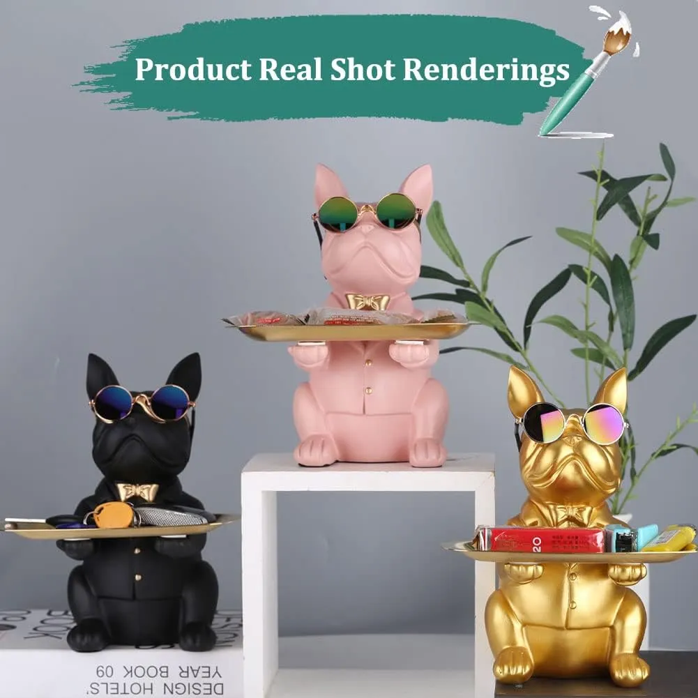 QIANLING Modern Decor Resin Bulldog Tray Statue Piggy Bank Tray Storage Entrance Key Holder Candy Jewelry Earrings Tray Suitable for Home Decor Modern Art Dining Table Decor Office Small Object Tray