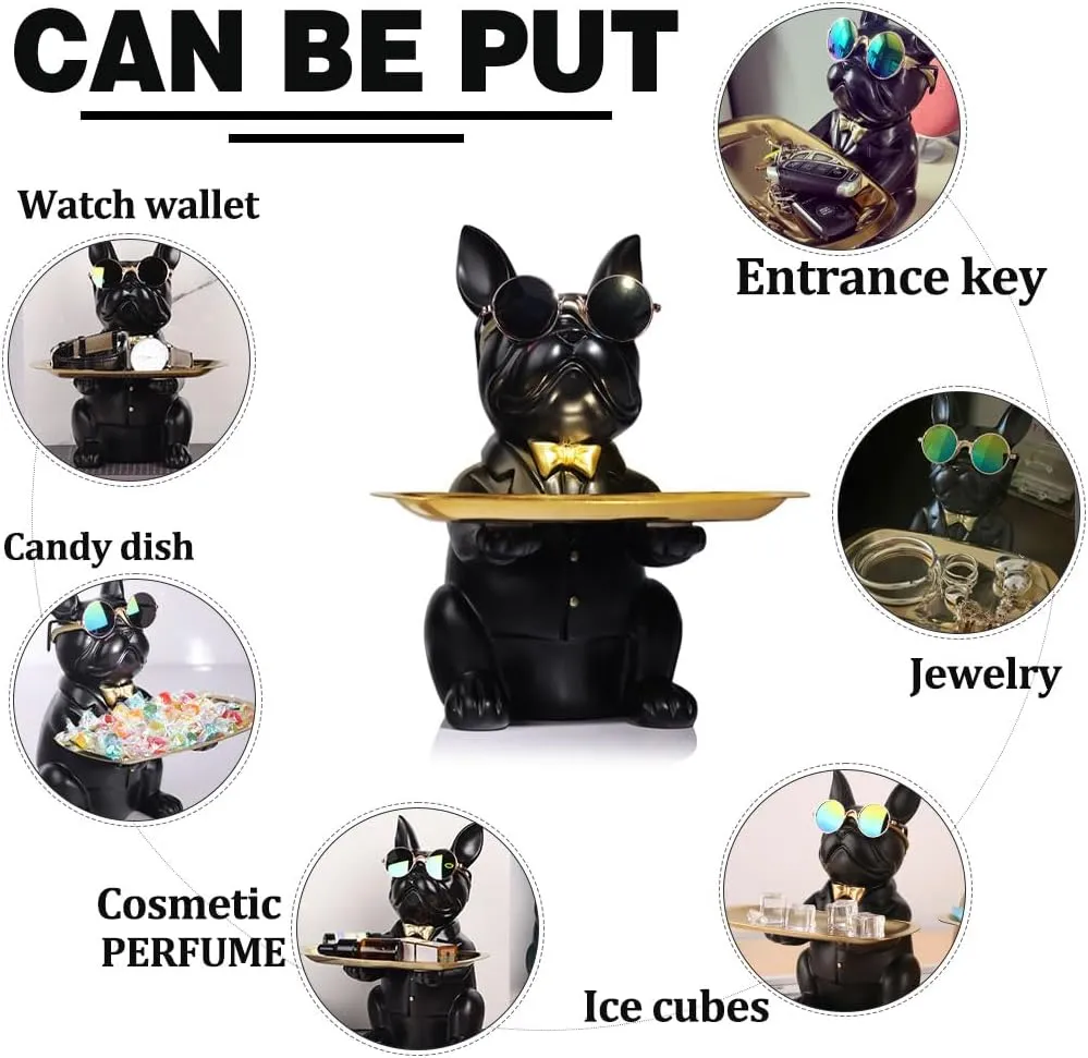 QIANLING Modern Decor Resin Bulldog Tray Statue Piggy Bank Tray Storage Entrance Key Holder Candy Jewelry Earrings Tray Suitable for Home Decor Modern Art Dining Table Decor Office Small Object Tray