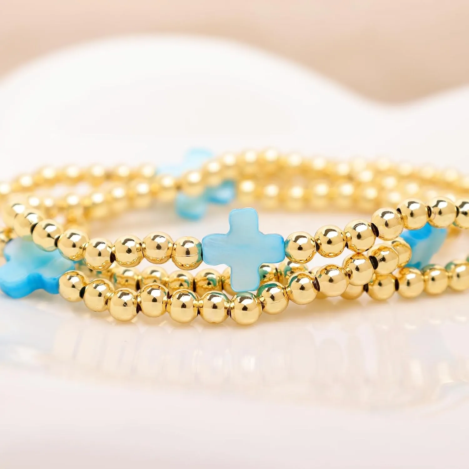 Rainbow Mom Cross Stack Bracelets Set for Women, 3Pcs Handmade Gold Beaded Stretch Bracelet Everyday Fashion Jewelry Gift.