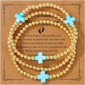 Rainbow Mom Cross Stack Bracelets Set for Women, 3Pcs Handmade Gold Beaded Stretch Bracelet Everyday Fashion Jewelry Gift.