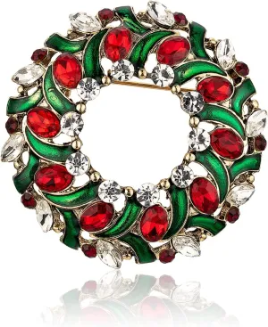 RareLove Vintage Christmas Wreath Brooch,Red Green Rhinestone Crystal Christmas Brooch Pins and Brooches for Women Girls Silver Plated Alloy,Holiday Brooch Jewelry