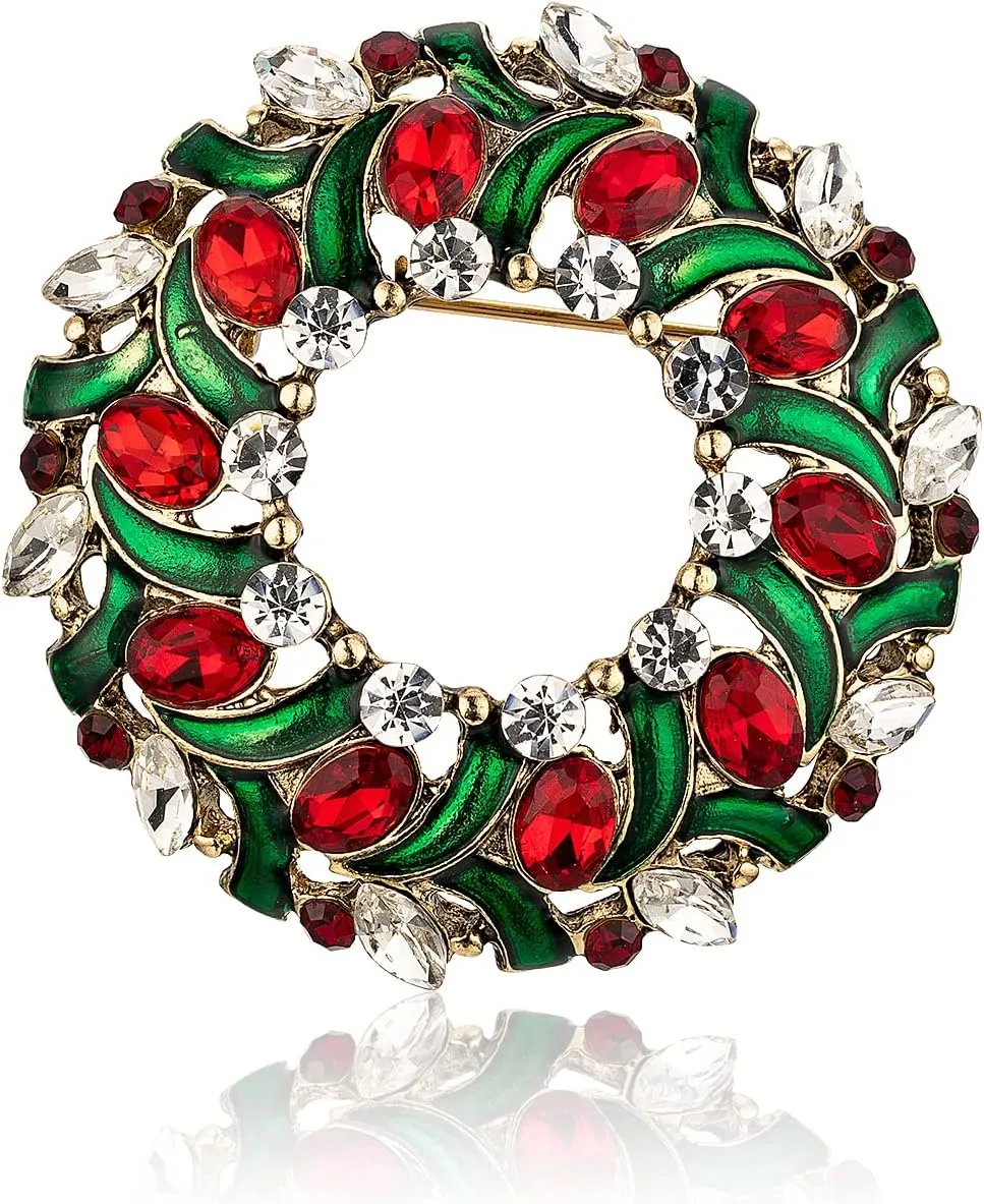 RareLove Vintage Christmas Wreath Brooch,Red Green Rhinestone Crystal Christmas Brooch Pins and Brooches for Women Girls Silver Plated Alloy,Holiday Brooch Jewelry