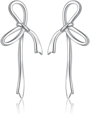 Reffeer Solid 925 Sterling Silver Bow Stud Earrings Ribbon for Women Teens Bowknot Stud Earrings Drops