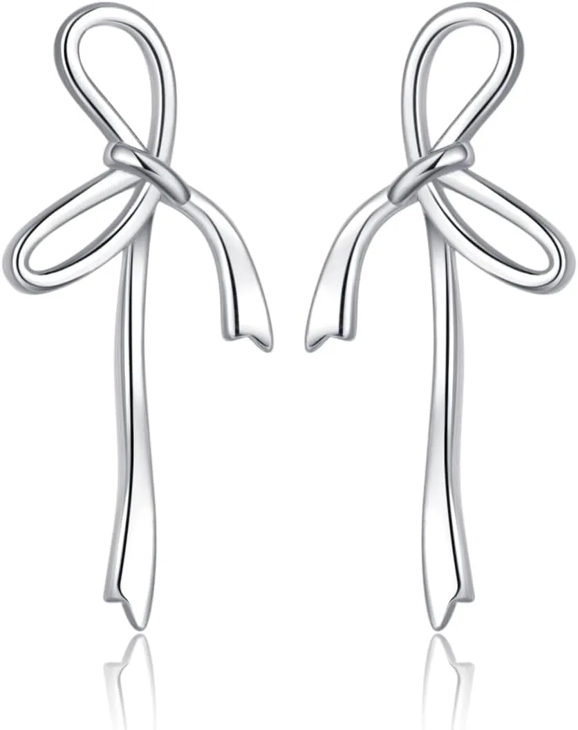 Reffeer Solid 925 Sterling Silver Bow Stud Earrings Ribbon for Women Teens Bowknot Stud Earrings Drops