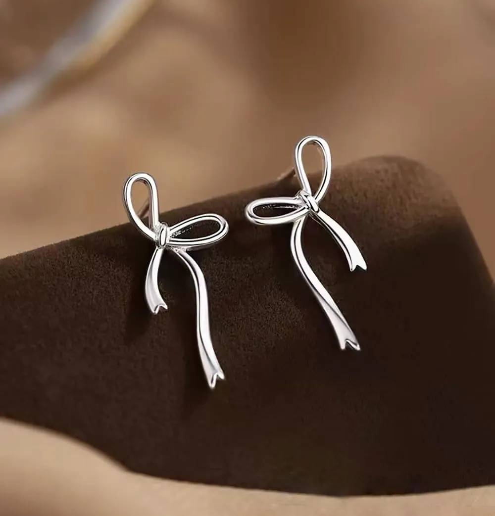 Reffeer Solid 925 Sterling Silver Bow Stud Earrings Ribbon for Women Teens Bowknot Stud Earrings Drops