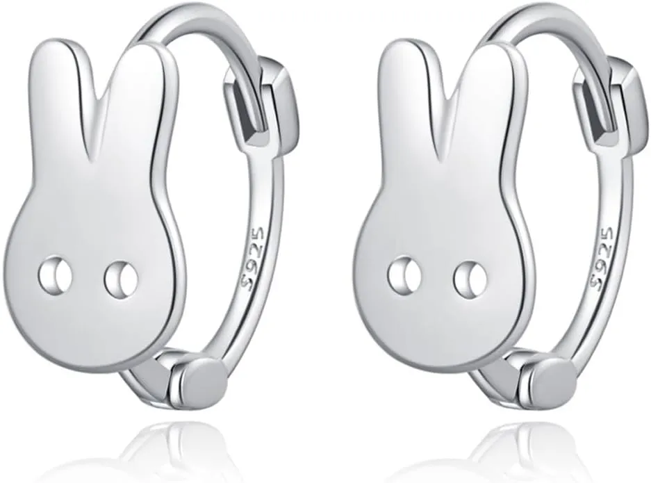 Reffeer Solid 925 Sterling Silver Easter Rabbit Earrings Hoops for Women Teens Cute Bunny Huggie Earrings