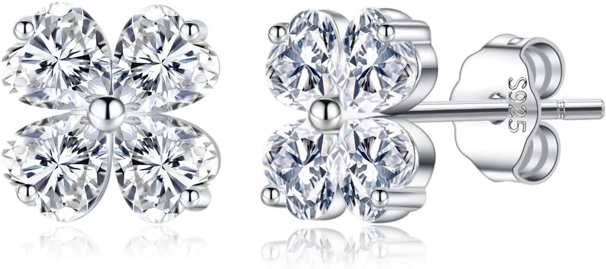 Reffeer Solid 925 Sterling Silver Flower Clover Earrings Studs for Women Teen Girls CZ Flower Stud Earrings