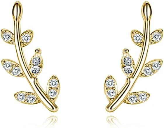 Reffeer Solid 925 Sterling Silver Leaf Crawler Stud Earrings for Women Teens Crystal Leaf Stud Earrings