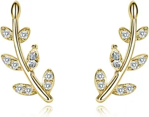 Reffeer Solid 925 Sterling Silver Leaf Crawler Stud Earrings for Women Teens Crystal Leaf Stud Earrings