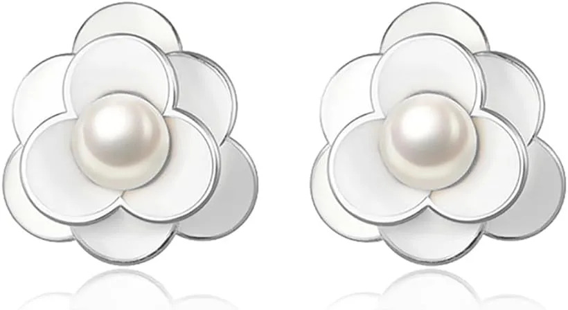 Reffeer Solid 925 Sterling Silver Pearl Flower Earrings Studs for Women Teens Flower Stud Earrings Pearls for Wedding