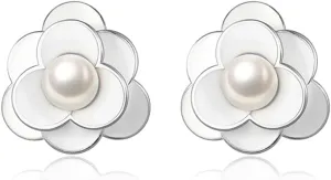 Reffeer Solid 925 Sterling Silver Pearl Flower Earrings Studs for Women Teens Flower Stud Earrings Pearls for Wedding