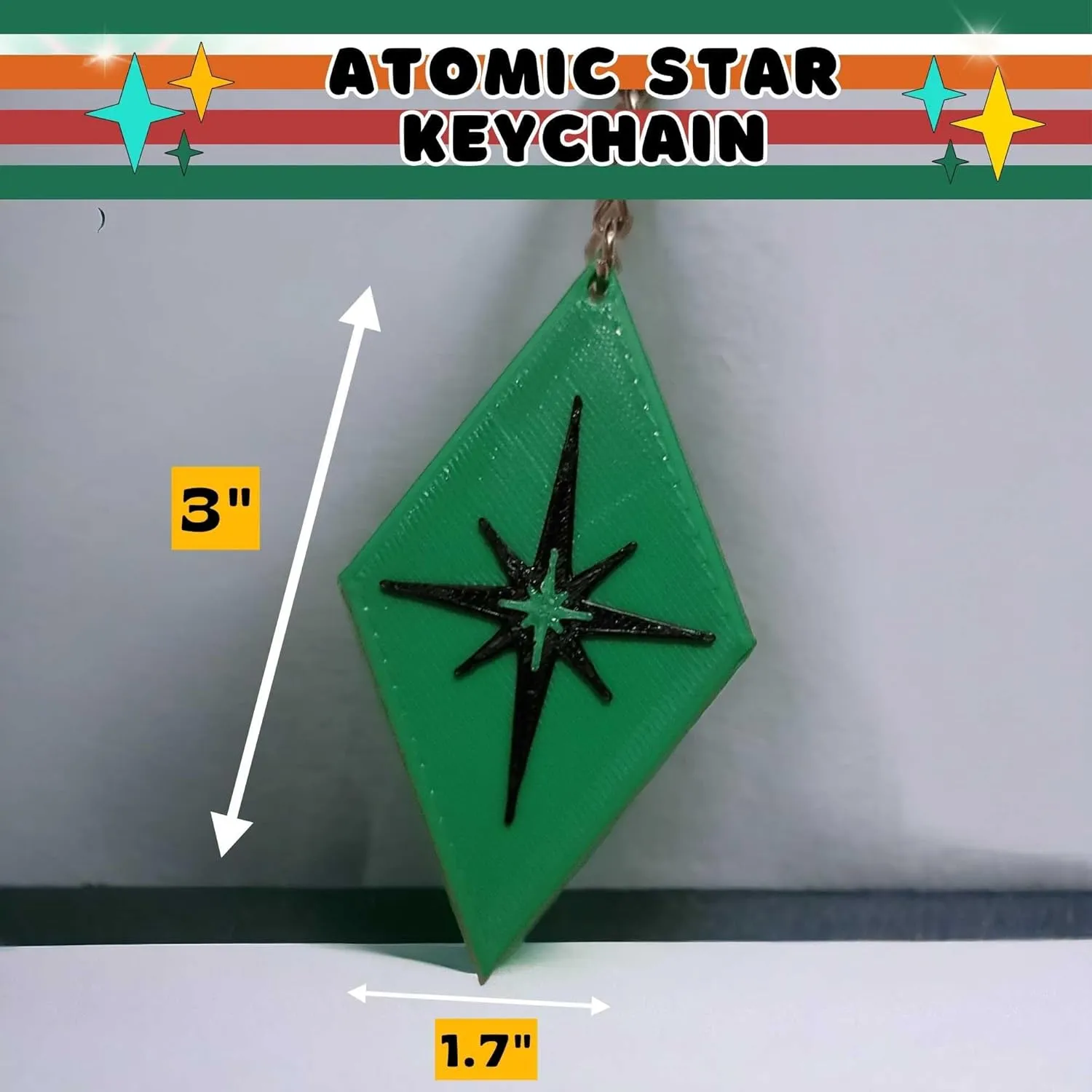 Retro Layers Midcentury Modern Diamond Star Bursts Keychain Nostalgic Keyring Style Aesthetic Hotel Key (Mint & Orange)