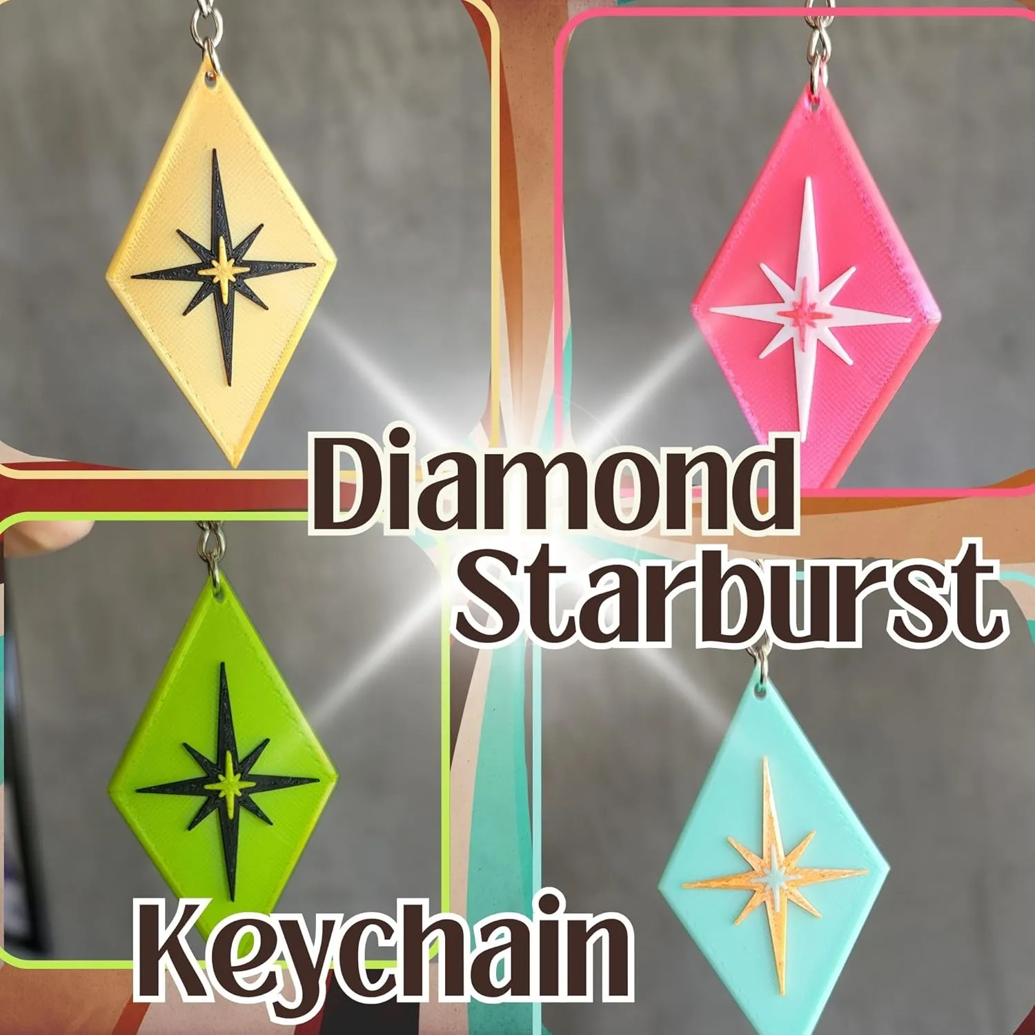 Retro Layers Midcentury Modern Diamond Star Bursts Keychain Nostalgic Keyring Style Aesthetic Hotel Key (Mint & Orange)
