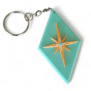 Retro Layers Midcentury Modern Diamond Star Bursts Keychain Nostalgic Keyring Style Aesthetic Hotel Key (Mint & Orange)