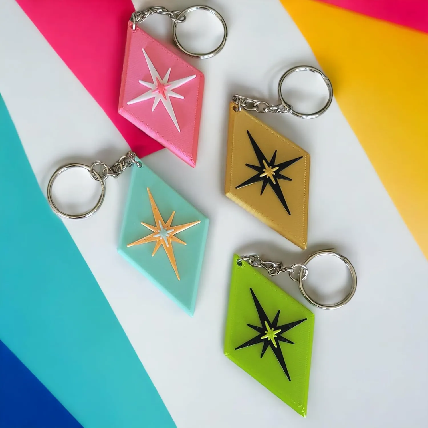 Retro Layers Midcentury Modern Diamond Star Bursts Keychain Nostalgic Keyring Style Aesthetic Hotel Key (Mint & Orange)