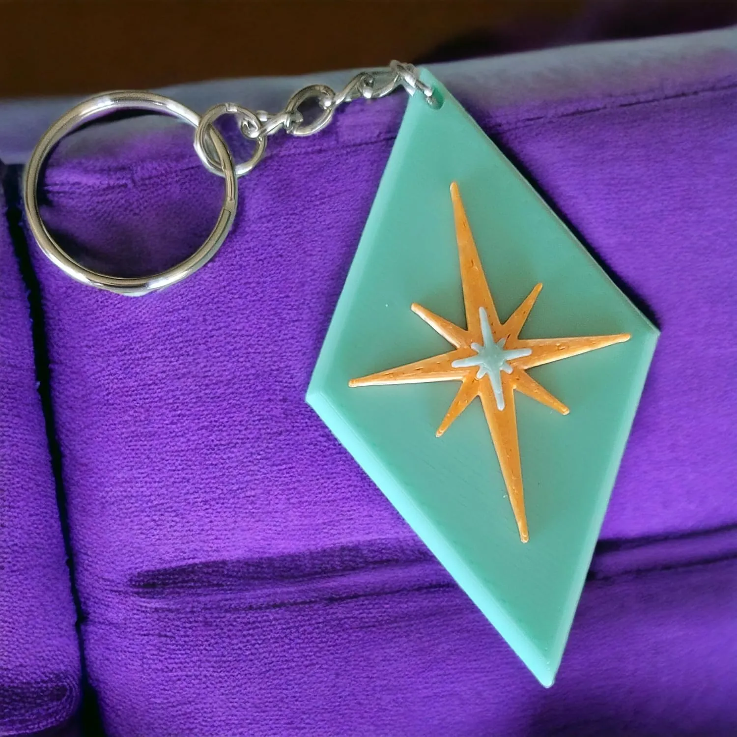 Retro Layers Midcentury Modern Diamond Star Bursts Keychain Nostalgic Keyring Style Aesthetic Hotel Key (Mint & Orange)