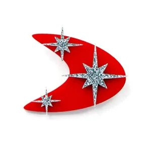 Retro Red and Silver Boomerang and Stars Brooch, Vintage Atomic 50s Style Celestial Brooch Pin