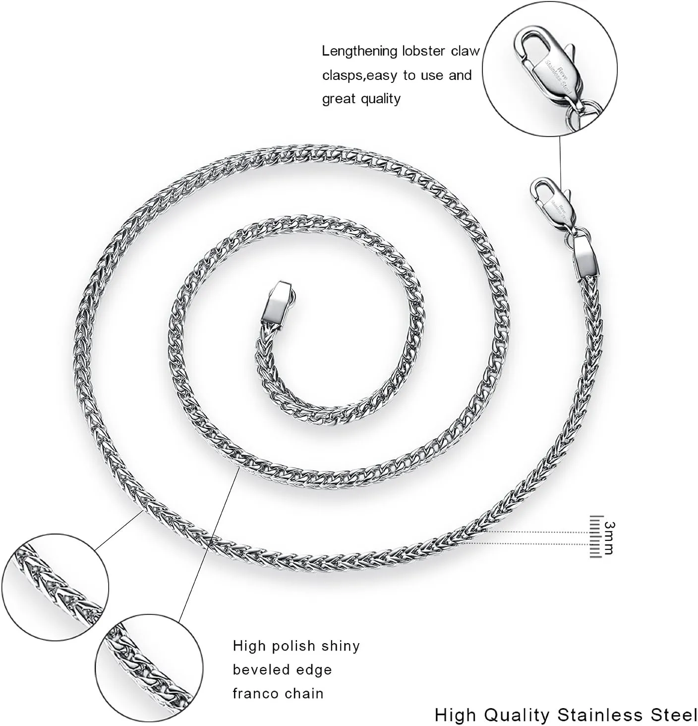 REVEMCN Reve Jewelry 3mm Stainless Steel Franco Chain Necklace for Men and Women, 20-30 Inches