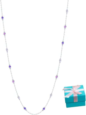 REYMEY Birthstone Amethyst, Sapphire, Aquamarine, Cubic Zirconia Sterling Silver Rhodium Plated Dainty Fashion Necklace Chain with Crystal Beads Women's Purple Jewelry| 20 inch