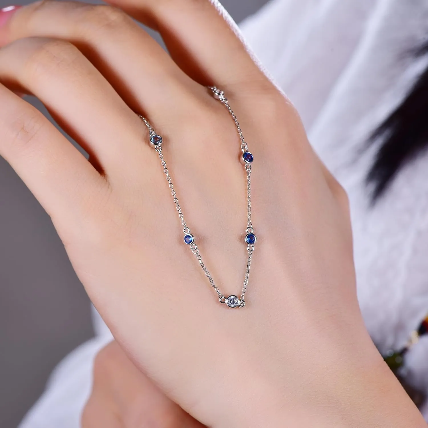 REYMEY Birthstone Amethyst, Sapphire, Aquamarine, Cubic Zirconia Sterling Silver Rhodium Plated Dainty Fashion Necklace Chain with Crystal Beads Women's Purple Jewelry| 20 inch