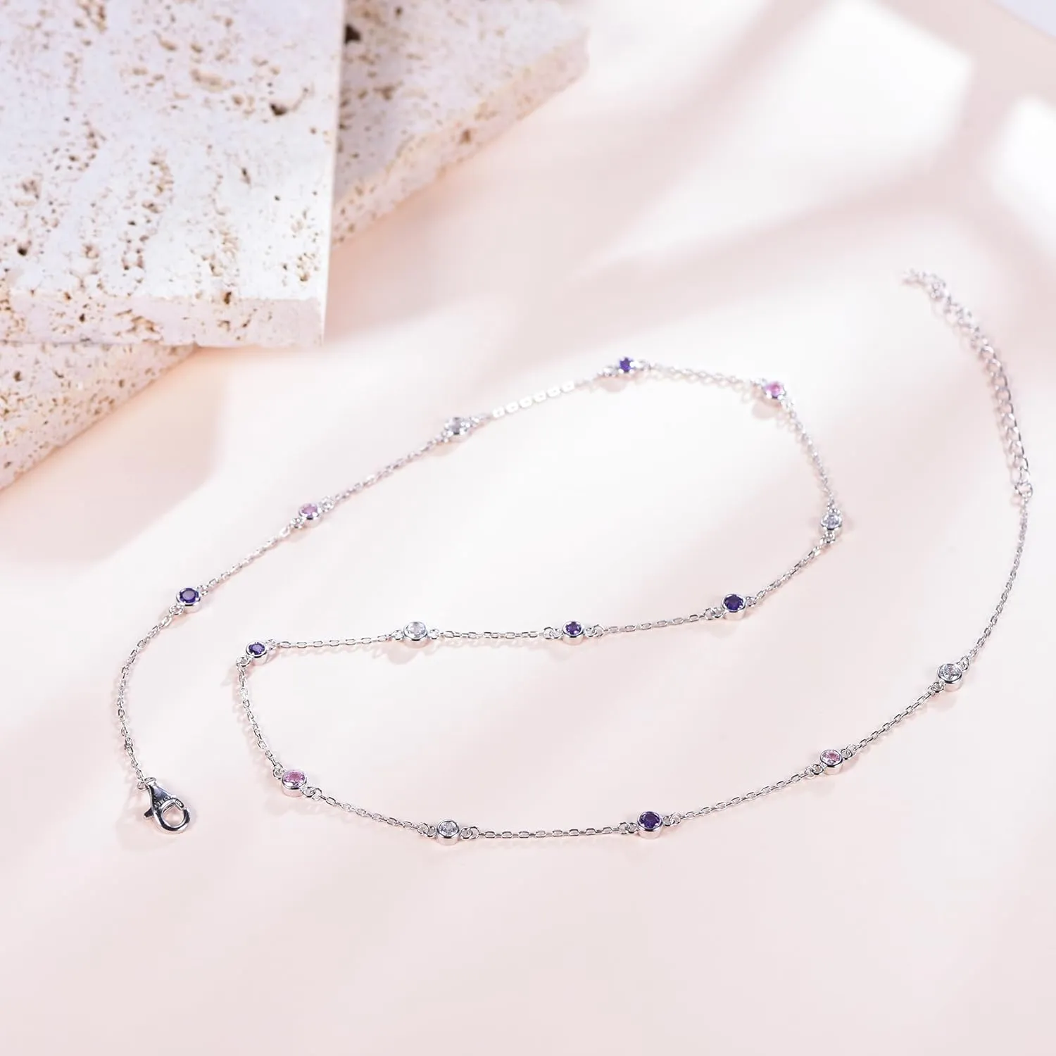REYMEY Birthstone Amethyst, Sapphire, Aquamarine, Cubic Zirconia Sterling Silver Rhodium Plated Dainty Fashion Necklace Chain with Crystal Beads Women's Purple Jewelry| 20 inch